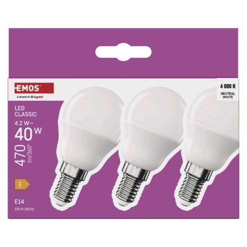 EMOS ZQ1E23-3, LED izzó Classic Mini Globe / E14 / 4,2 W (40 W) / 470 lm / Természetes fehér