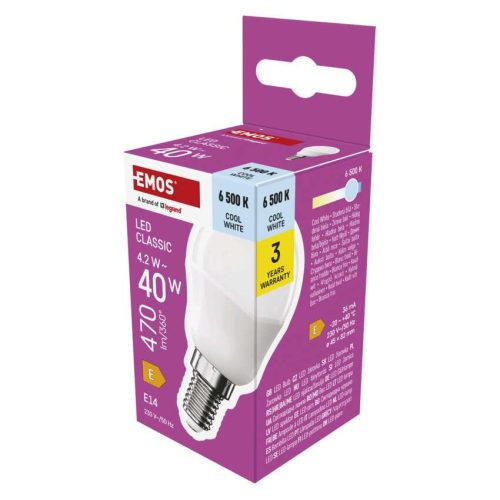 EMOS ZQ1E24, LED izzó Classic Mini Globe / E14 / 4,2 W (40 W) / 470 lm / Hideg fehér