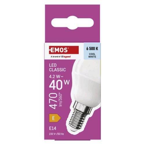 EMOS ZQ1E24, LED izzó Classic Mini Globe / E14 / 4,2 W (40 W) / 470 lm / Hideg fehér