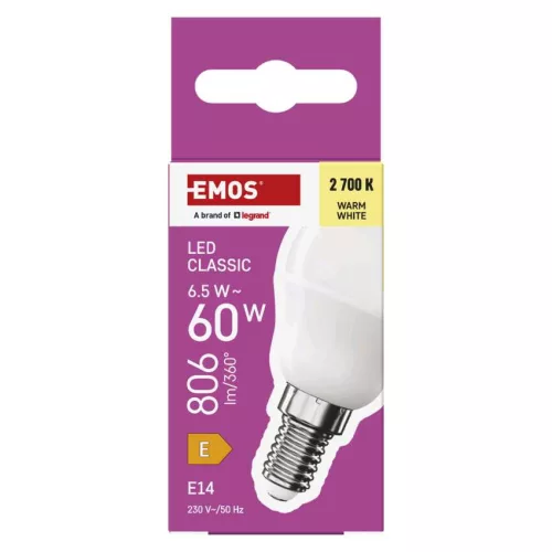 EMOS ZQ1E41, LED izzó Classic Mini Globe / E14 / 6,5 W (60 W) / 806 lm / Meleg fehér