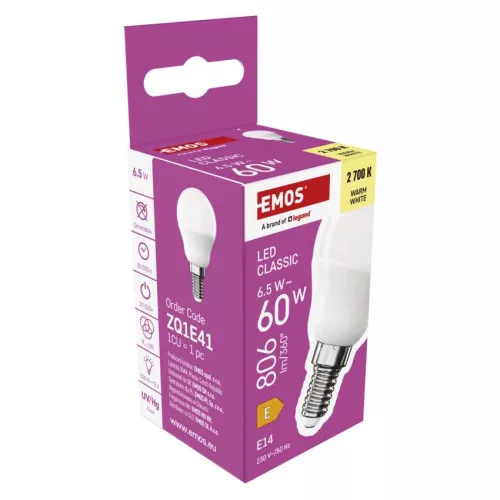 EMOS ZQ1E41, LED izzó Classic Mini Globe / E14 / 6,5 W (60 W) / 806 lm / Meleg fehér
