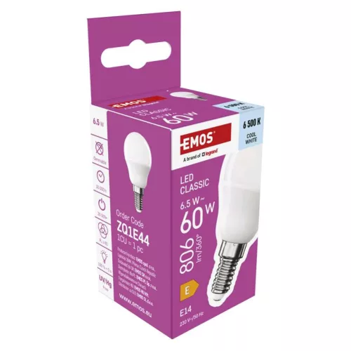 EMOS ZQ1E44, LED izzó Classic Mini Globe / E14 / 6,5 W (60 W) / 806 lm / Hideg fehér