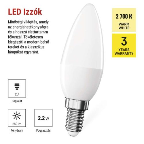 EMOS ZQ3E01, LED izzó Classic gyertya / E14 / 2,2 W (25 W) / 250 lm / Meleg fehér
