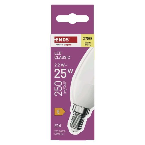 EMOS ZQ3E01, LED izzó Classic gyertya / E14 / 2,2 W (25 W) / 250 lm / Meleg fehér