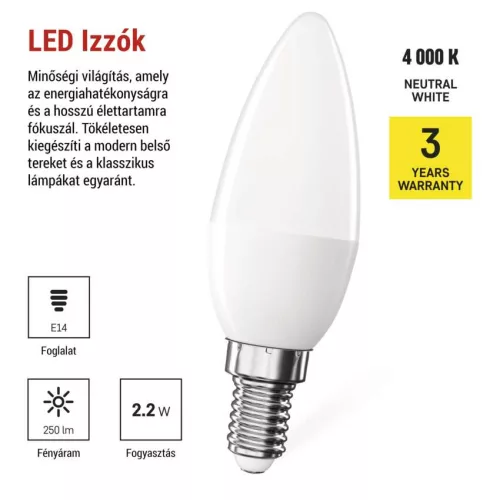 EMOS ZQ3E03, LED izzó Classic gyertya / E14 / 2,2 W (25 W) / 250 lm / Természetes fehér
