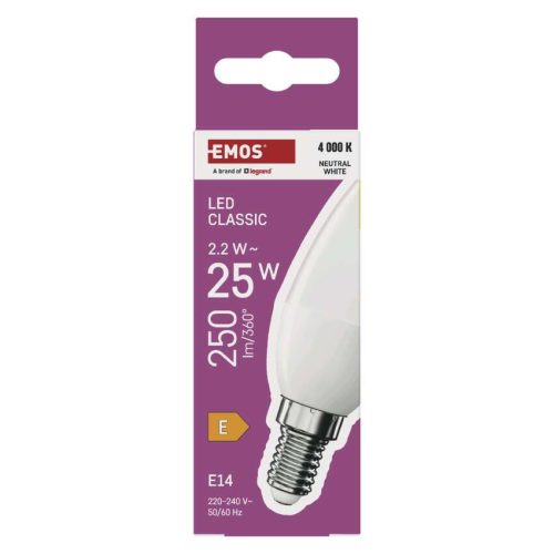 EMOS ZQ3E03, LED izzó Classic gyertya / E14 / 2,2 W (25 W) / 250 lm / Természetes fehér