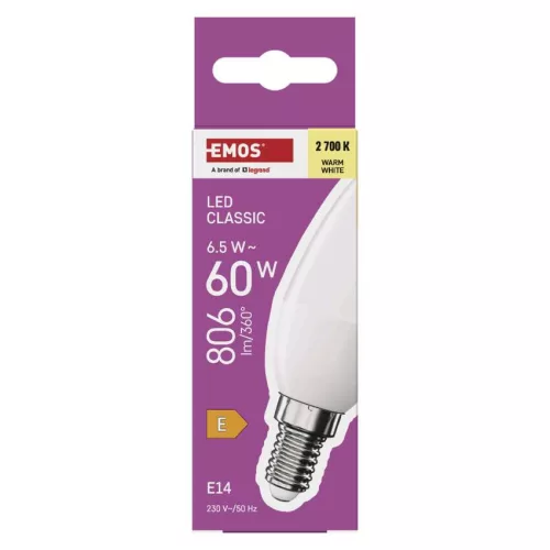 EMOS ZQ3E41, LED izzó Classic gyertya / E14 / 6,5 W (60 W) / 806 lm / Meleg fehér