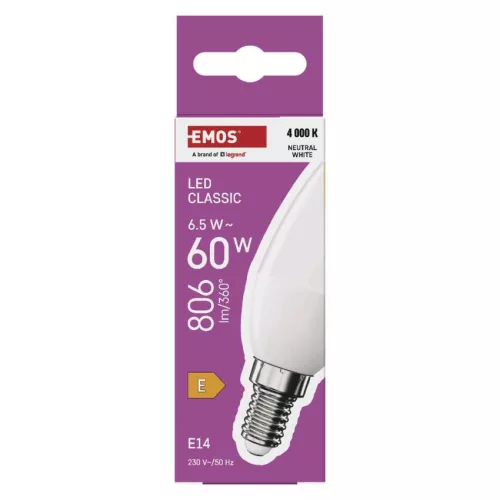 EMOS ZQ3E43, LED izzó Classic gyertya / E14 / 6,5 W (60 W) / 806 lm / Természetes fehér