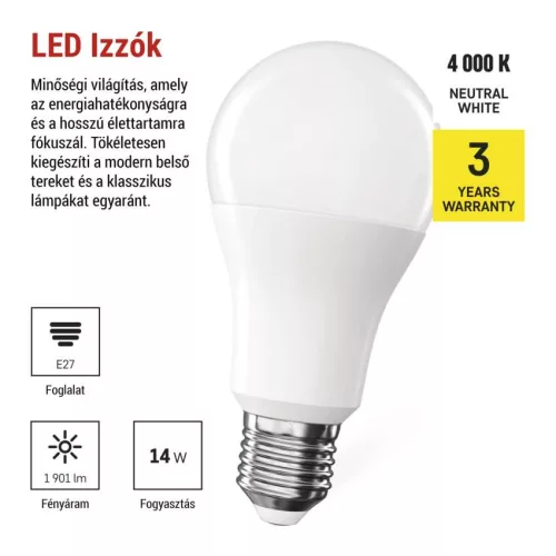 EMOS ZQ5D76, LED izzó Classic A60 / E27 / 14 W (120 W) / 1901 lm / Természetes fehér