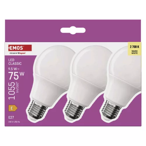 EMOS ZQ5E51-3, LED izzó Classic A60 / E27 / 9,5 W (75 W) / 1055 lm / Meleg fehér