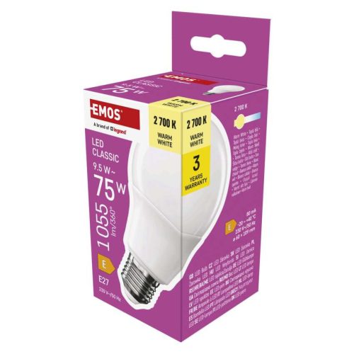 EMOS ZQ5E51, LED izzó Classic A60 / E27 / 9,5 W (75 W) / 1055 lm / meleg fehér