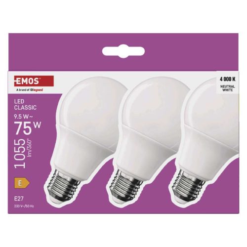 EMOS ZQ5E53-3, LED izzó Classic A60 / E27 / 9,5 W (75 W) / 1055 lm / Természetes fehér