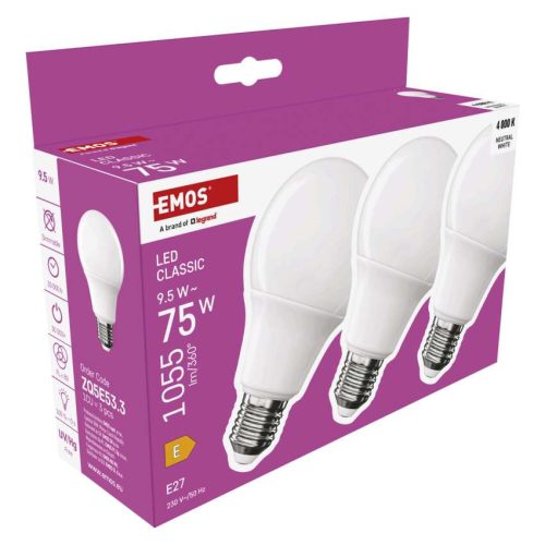 EMOS ZQ5E53-3, LED izzó Classic A60 / E27 / 9,5 W (75 W) / 1055 lm / Természetes fehér