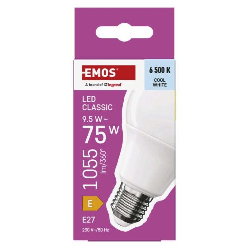 EMOS ZQ5E54, LED izzó Classic A60 / E27 / 9,5 W (75 W) / 1055 lm / Hideg fehér