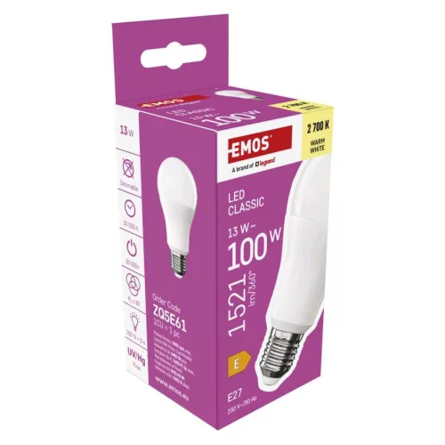 EMOS ZQ5E61, LED izzó Classic A60 / E27 / 13 W (100 W) / 1521 lm / Meleg fehér
