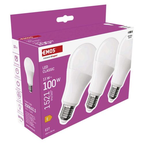 EMOS ZQ5E63-3, LED izzó Classic A60 / E27 / 13 W (100 W) / 1521 lm / Természetes fehér