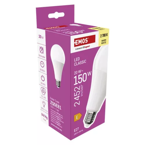 EMOS ZQ5E81, LED izzó Classic A80 / E27 / 20 W (150 W) / 2452 lm / Meleg fehér