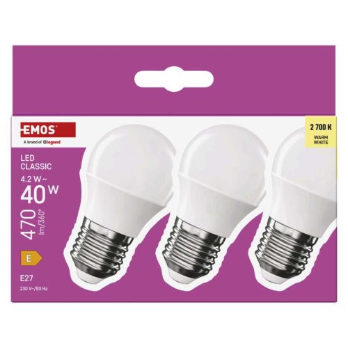 EMOS ZQ6E21-3, LED izzó Classic Mini Globe / E27 / 4,2 W (40 W) / 470 lm / Meleg fehér