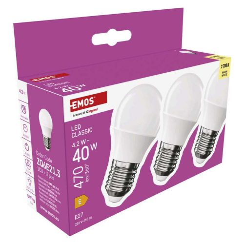 EMOS ZQ6E21-3, LED izzó Classic Mini Globe / E27 / 4,2 W (40 W) / 470 lm / Meleg fehér