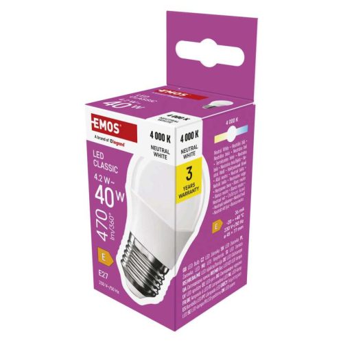 EMOS ZQ6E23, LED izzó Classic Mini Globe / E27 / 4,2 W (40 W) / 470 lm / Természetes fehér