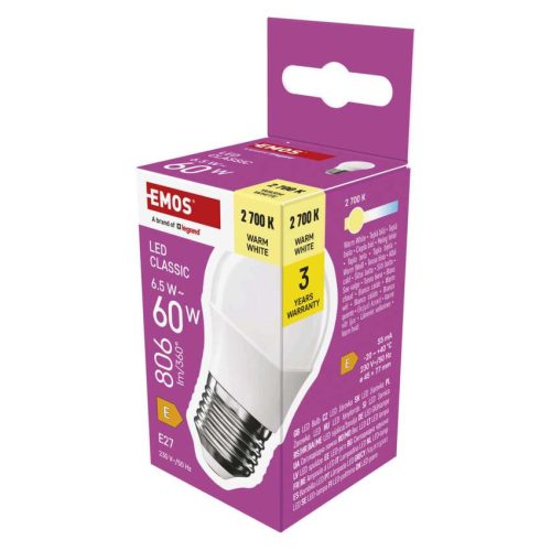 EMOS ZQ6E41, LED izzó Classic Mini Globe / E27 / 6,5 W (60 W) / 806 lm / Meleg fehér