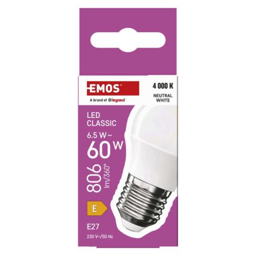 EMOS ZQ6E43, LED izzó Classic Mini Globe / E27 / 6,5 W (60 W) / 806 lm / Természetes fehér
