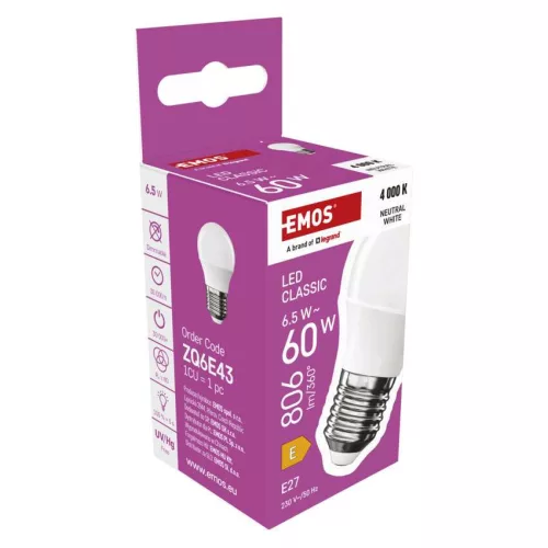 EMOS ZQ6E43, LED izzó Classic Mini Globe / E27 / 6,5 W (60 W) / 806 lm / Természetes fehér
