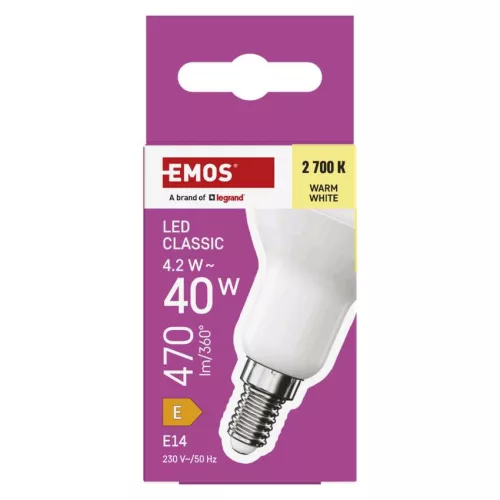 EMOS ZQ7E21, LED izzó Classic R50 / E14 / 4,2 W (40 W) / 470 lm / Meleg fehér