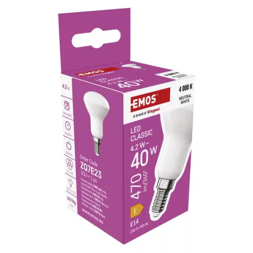 EMOS ZQ7E23, LED izzó Classic R50 / E14 / 4,2 W (40 W) / 470 lm / Természetes fehér