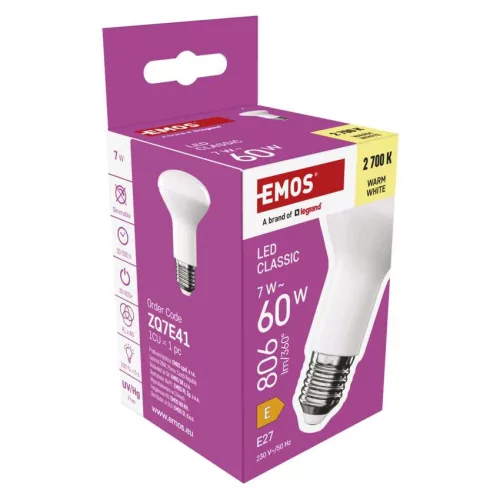 EMOS ZQ7E41, LED izzó Classic R63 / E27 / 7 W  (60 W) / 806 lm / Meleg fehér