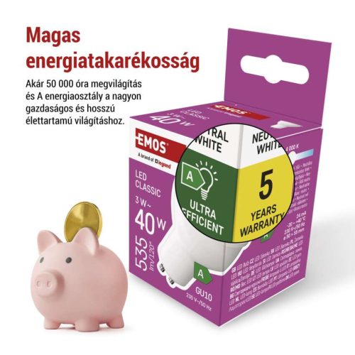 EMOS ZQ8338, LED izzó Classic MR16 A CLASS/ GU10 / 3 W (40 W) / 535 lm / Természetes fehér