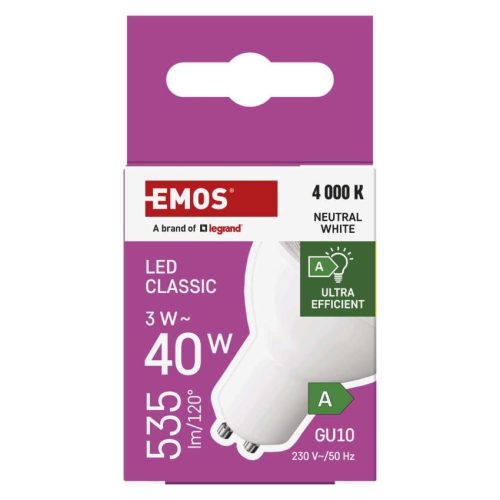 EMOS ZQ8338, LED izzó Classic MR16 A CLASS/ GU10 / 3 W (40 W) / 535 lm / Természetes fehér