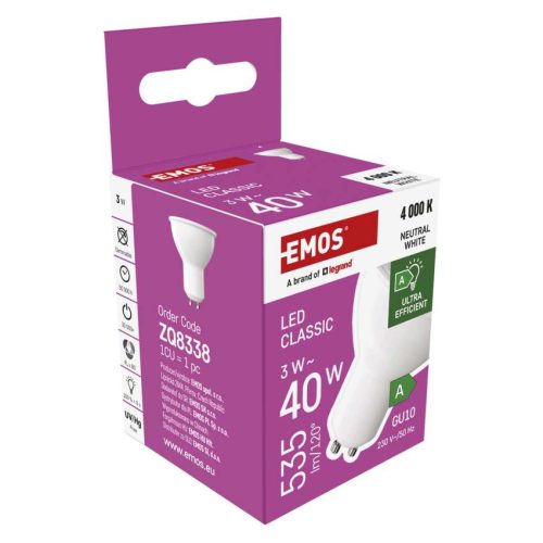 EMOS ZQ8338, LED izzó Classic MR16 A CLASS/ GU10 / 3 W (40 W) / 535 lm / Természetes fehér