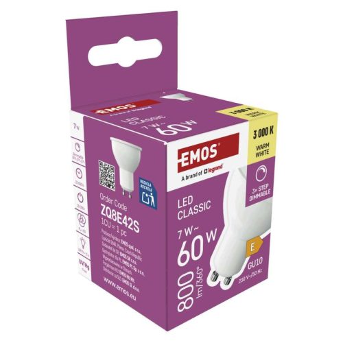 EMOS ZQ8E42S, LED izzó Classic MR16 / GU10 / 7 W (60 W) / 800 lm / meleg fehér / dimmelhető