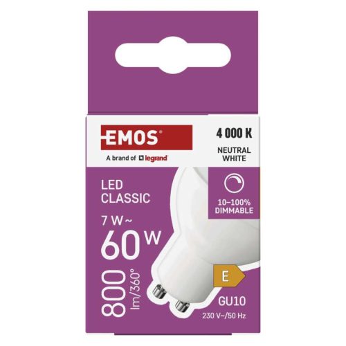 EMOS ZQ8E44D, LED izzó Classic MR16 / GU10 / 7 W (60 W) / 800 lm / Természetes fehér / dimmelhető