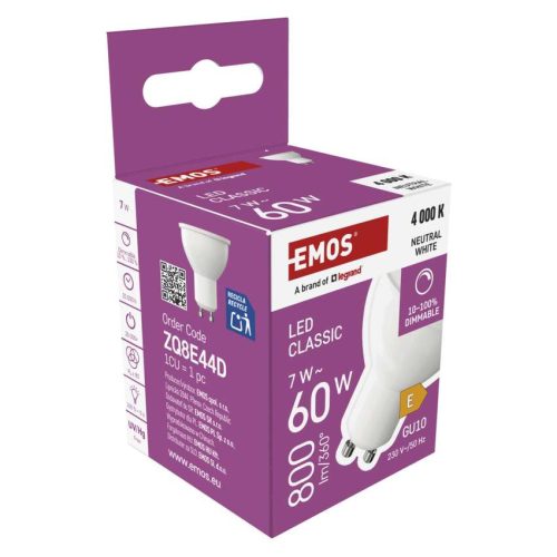 EMOS ZQ8E44D, LED izzó Classic MR16 / GU10 / 7 W (60 W) / 800 lm / Természetes fehér / dimmelhető