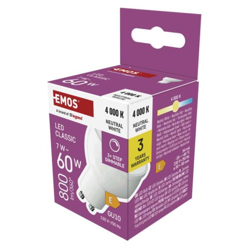 EMOS ZQ8E44S, LED izzó Classic MR16 / GU10 / 7 W (60 W) / 800 lm / Természetes fehér / dimmelhető