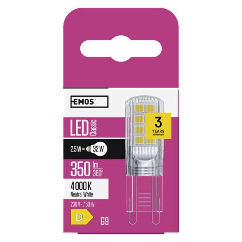 EMOS ZQ9536, LED izzó Classic JC / G9 / 2,5 W (32 W) / 350 lm / természetes fehér