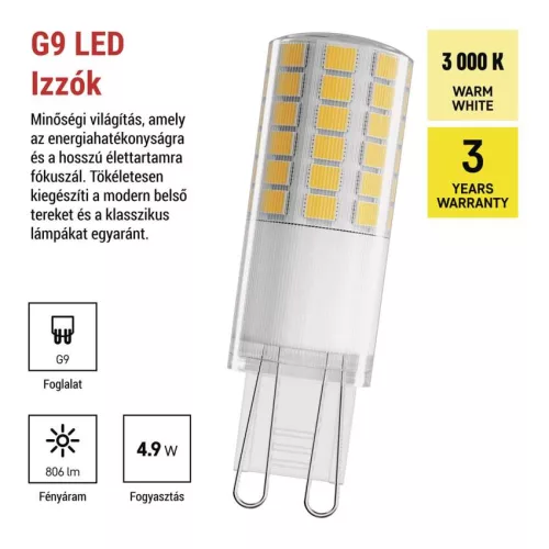 EMOS ZQ9C42, LED izzó Classic JC / G9 / 4,9 W (60 W) / 806 lm / Meleg fehér