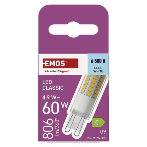 EMOS ZQ9C44, LED izzó Classic JC / G9 / 4,9 W (60 W) / 806 lm / Hideg fehér