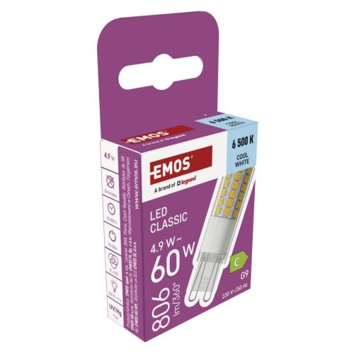 EMOS ZQ9C44, LED izzó Classic JC / G9 / 4,9 W (60 W) / 806 lm / Hideg fehér