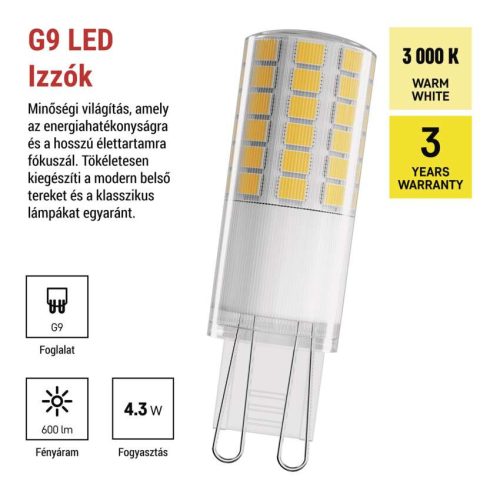 EMOS ZQ9D32, LED izzó Classic JC / G9 / 4,3 W (48 W) / 600 lm / Meleg fehér