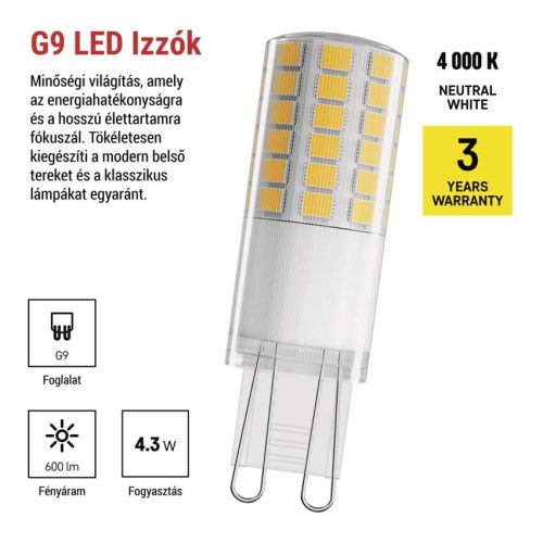 EMOS ZQ9D33, LED izzó Classic JC / G9 / 4,3 W (48 W) / 600 lm / Természetes fehér