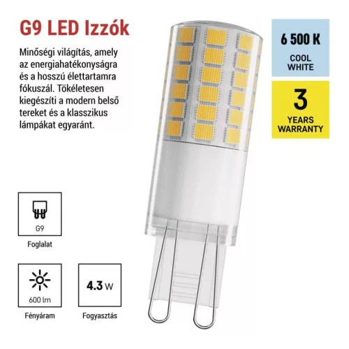 EMOS ZQ9D34, LED izzó Classic JC / G9 / 4,3 W (48 W) / 600 lm / Hideg fehér