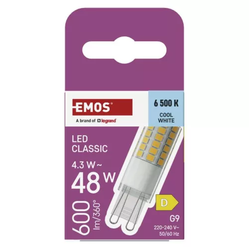 EMOS ZQ9D34, LED izzó Classic JC / G9 / 4,3 W (48 W) / 600 lm / Hideg fehér
