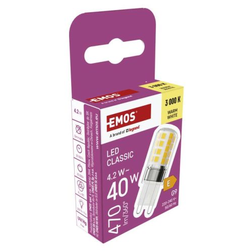 EMOS ZQ9E22, LED izzó Classic JC / G9 / 4,2 W (40 W) / 470 lm / meleg fehér