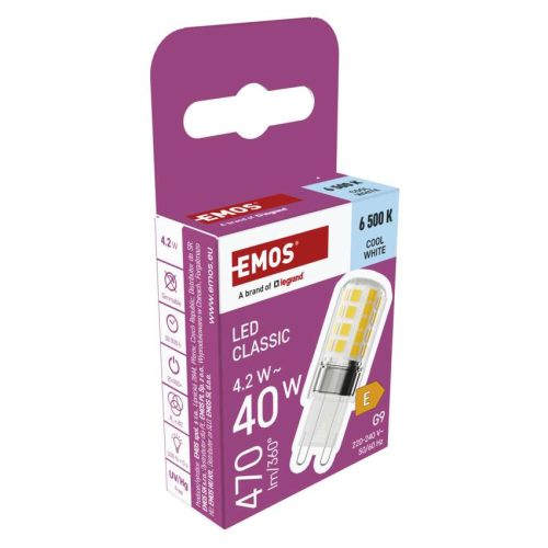 EMOS ZQ9E24, LED izzó Classic JC / G9 / 4,2 W (40 W) / 470 lm / Hideg fehér