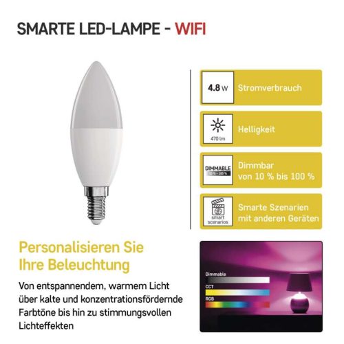 EMOS ZQW322R, LED izzó GoSmart gyertya / E14 / 4,8 W (40 W) / 470 lm / RGB / dimmelhető / Wi-Fi