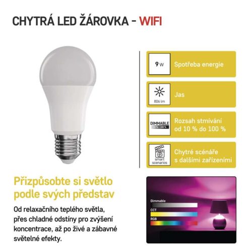 EMOS ZQW514R, LED izzó GoSmart A60 / E27 / 9 W (60 W) / 806 lm / RGB / dimmelhető / Wi-Fi