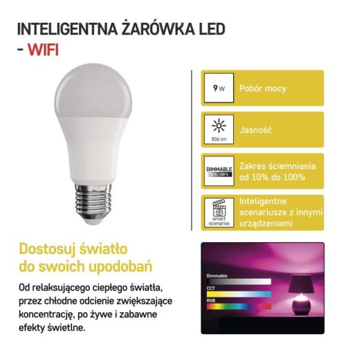 EMOS ZQW514R, LED izzó GoSmart A60 / E27 / 9 W (60 W) / 806 lm / RGB / dimmelhető / Wi-Fi